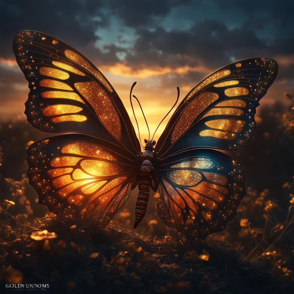 Sparkling Butterfly at Sunset: 3D Rendered Art
