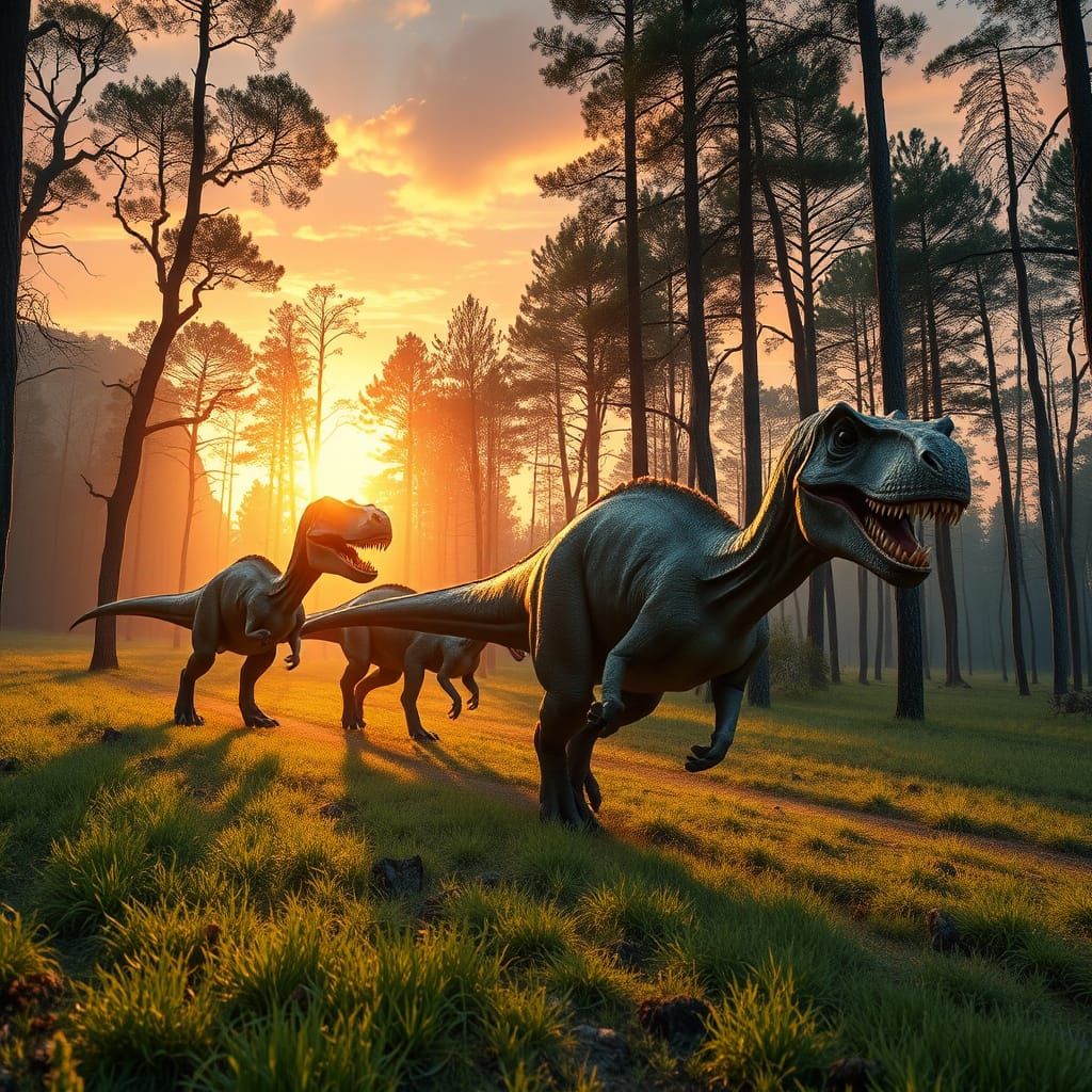 Allosaurus Dinosaurs Running at Sunset, Jurassic Period