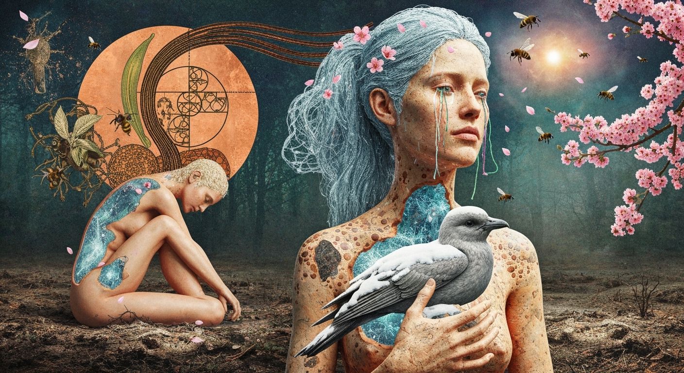 Mystical Bio Art Collage of Crying Rebel in Moonlit Forest