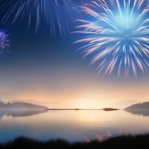 Fireworks Reflect in Lake: Fantasy Concept Art