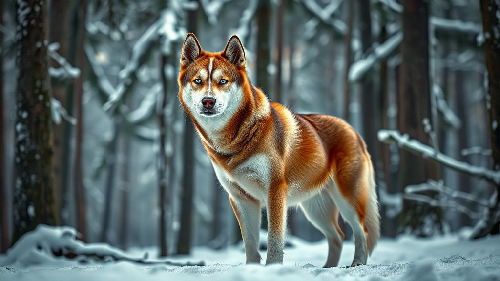 Husky in Snowy Fir Forest, Hyperrealistic Image