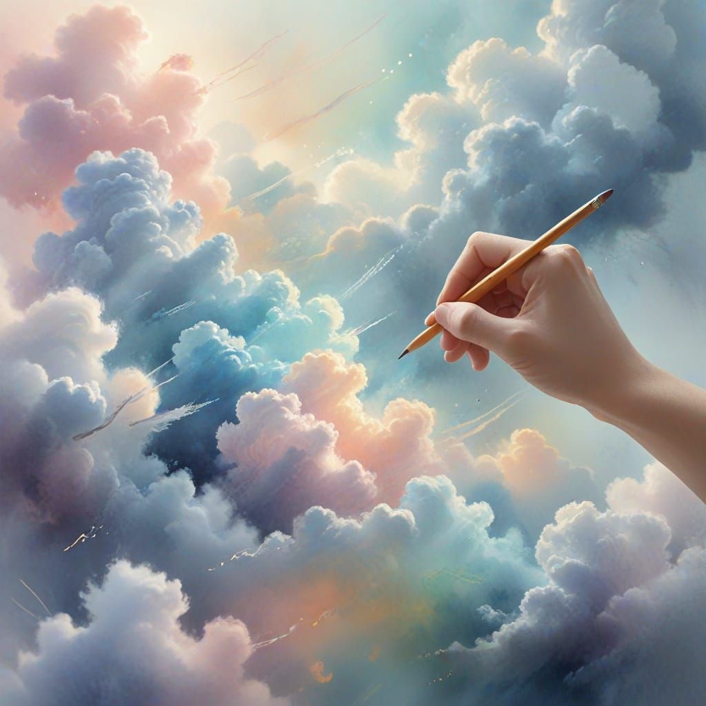 Whimsical Hand Drawing on Clouds in Pastel Watercolor
