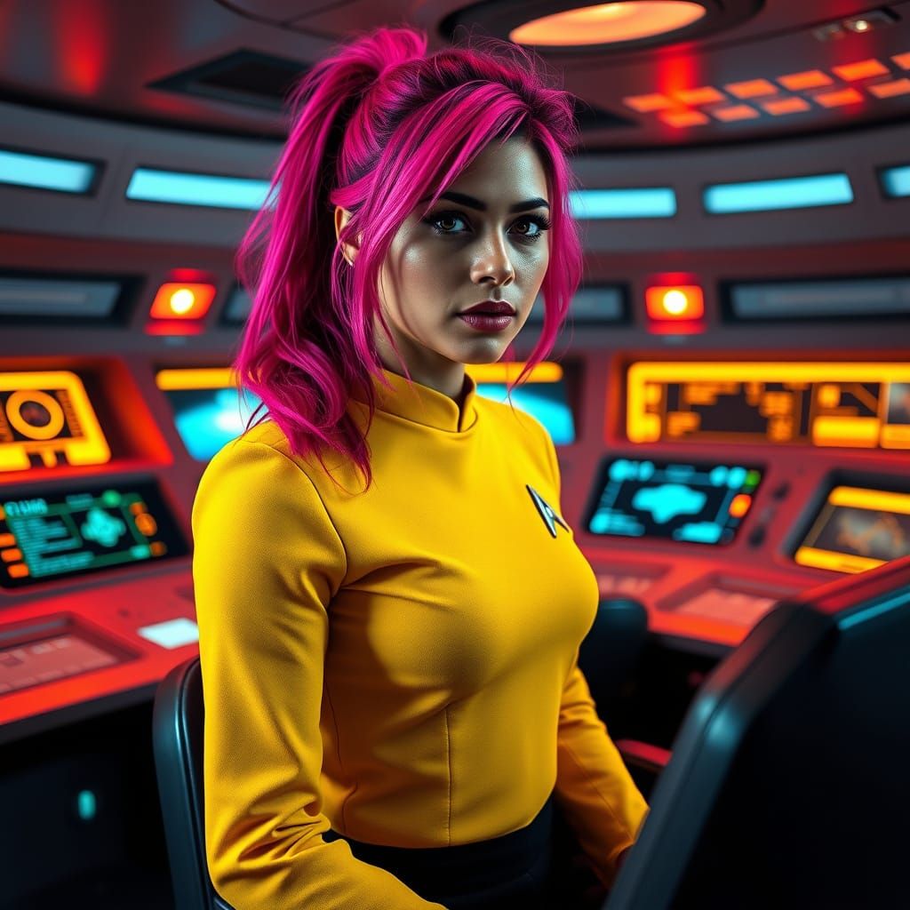 Elegant Starfleet Officer with Vibrant Pink Hair in Futurist...