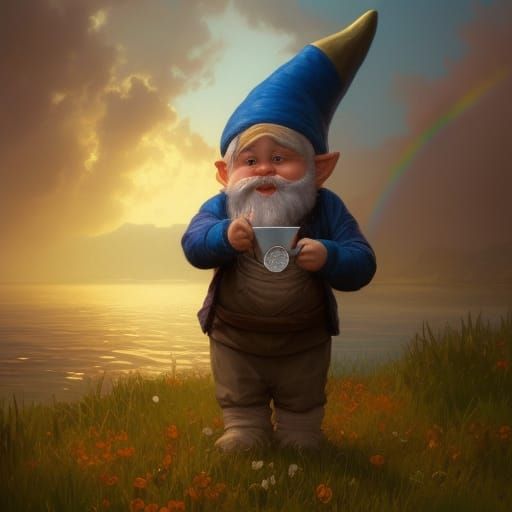 CUTE GNOME AT THE END OF THE RAINBOW WITH A POT FULL OF BITCOIN NEAR A LAKE