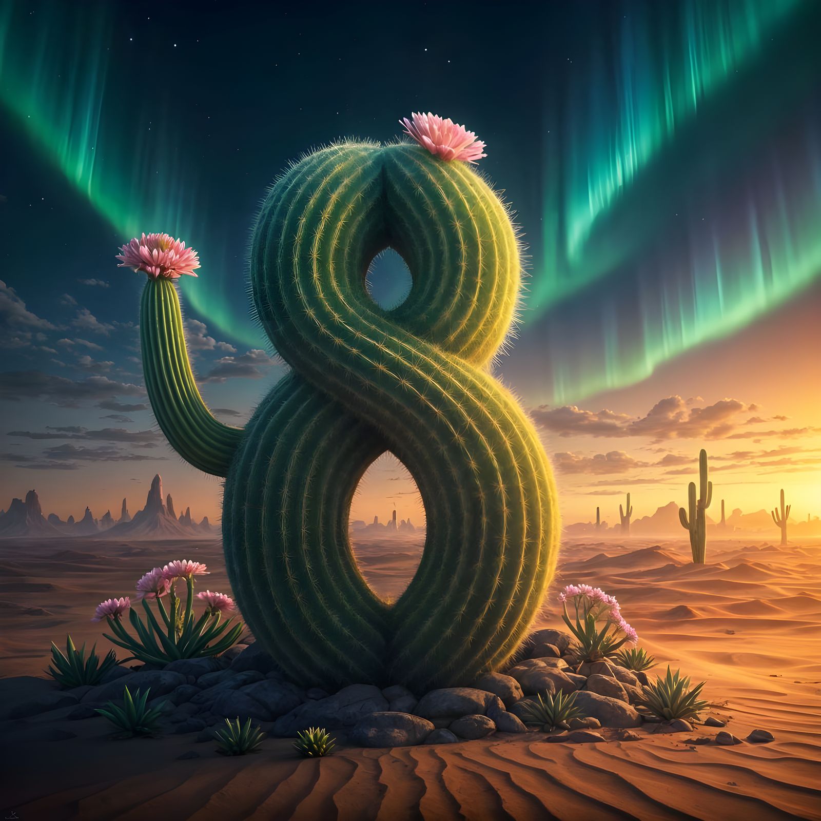 Enchanted 8-Shaped Cactus in Magical Desert Dreamscape