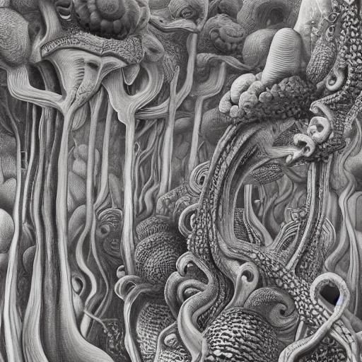 Surreal Octopus Shape-Shifting into Mushroom, Oil Painting