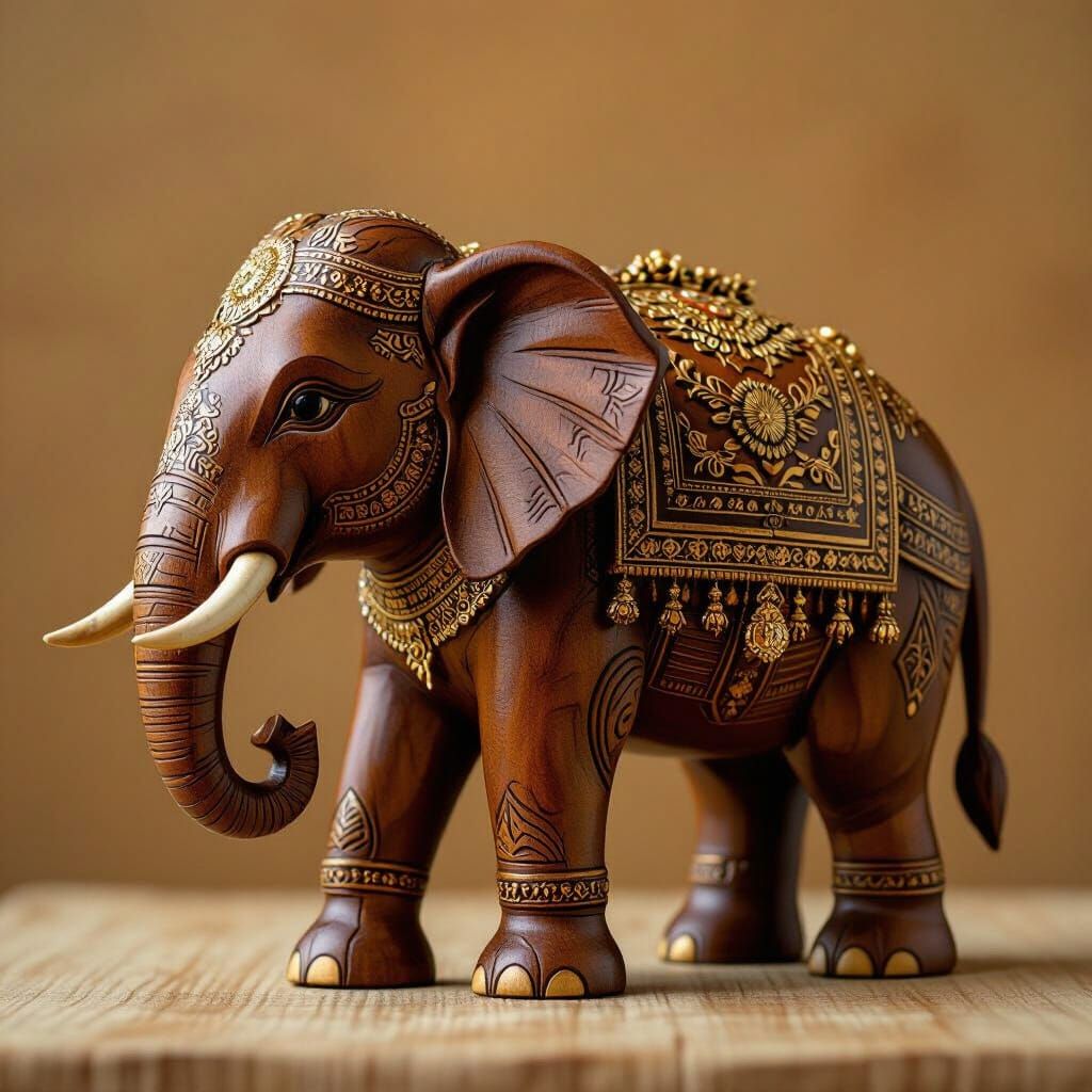 Intricately Carved Wooden Elephant with Japanese and Indian ...