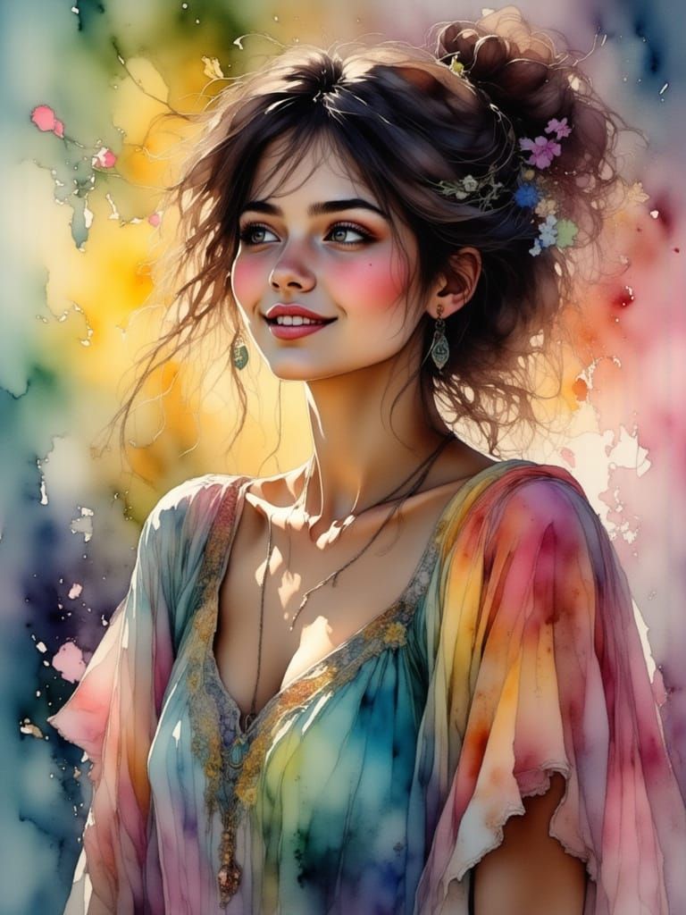 Vibrant Woman in Colorful Street Art Background