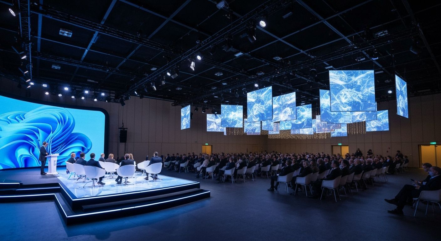 Futuristic Economic Forum Stage with Neon Accents