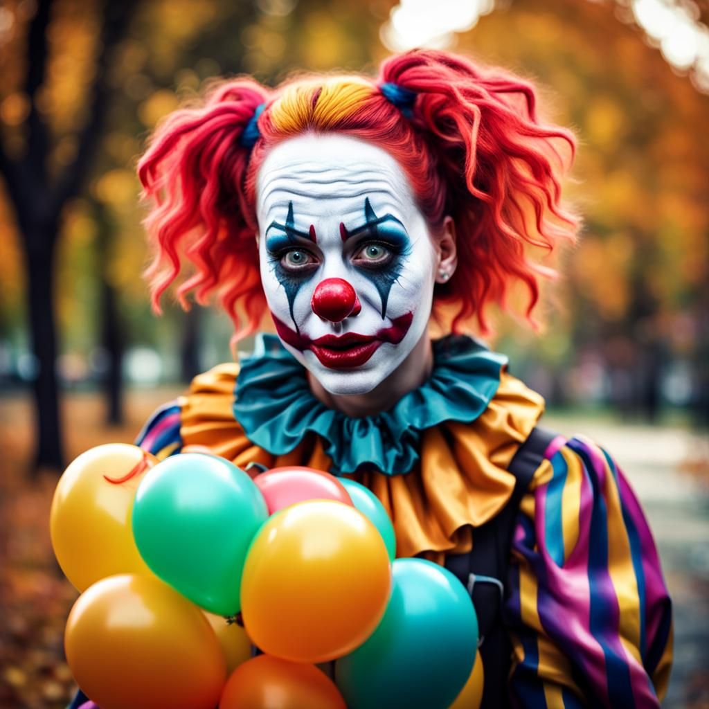 Terrifying Female Clown with Balloons in Graffiti Style