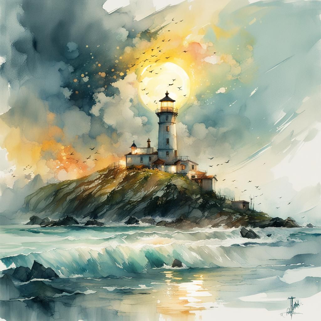 Lighthouse Sunset in Digital Watercolor Style