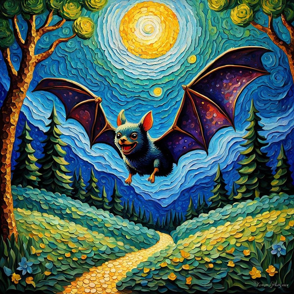 Chibi Bat Flying Joyfully in Vibrant Sky