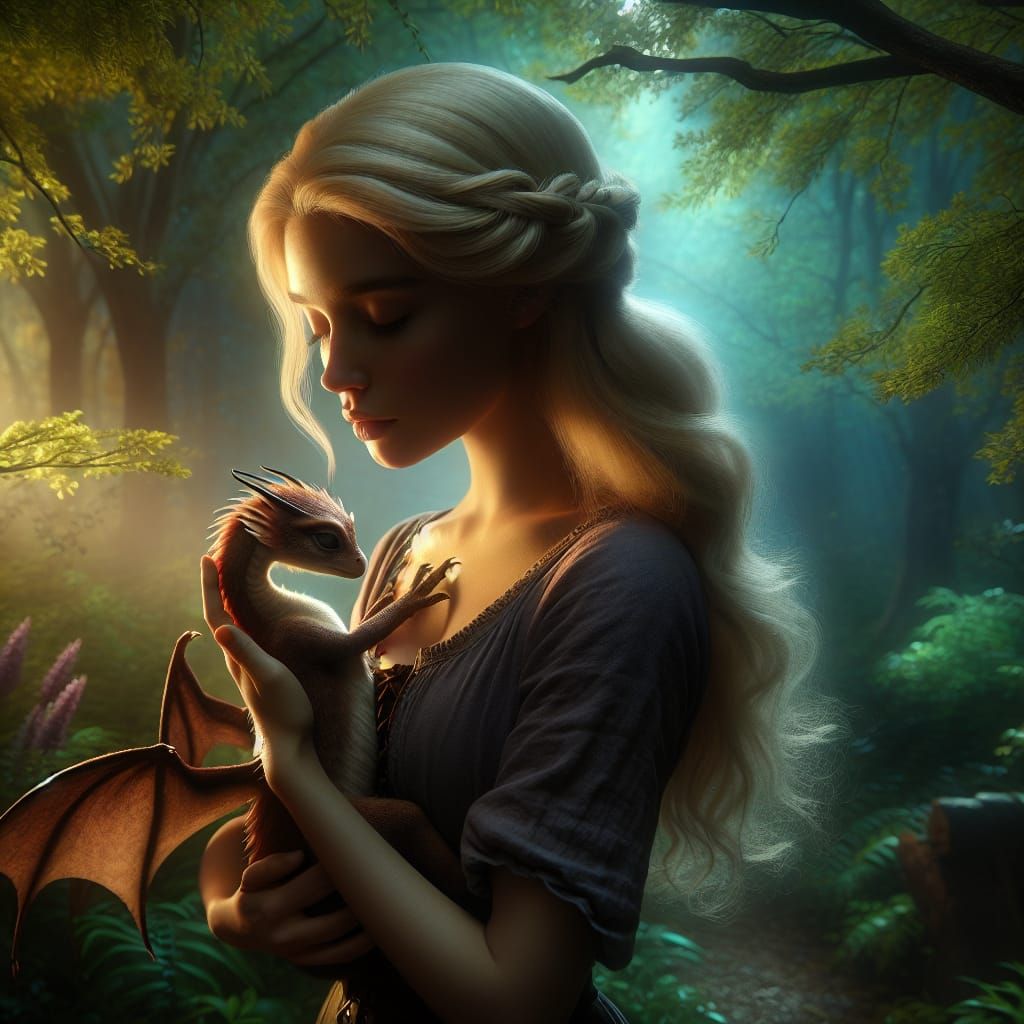Woman and Dragon in Sunlit Woodland Glade