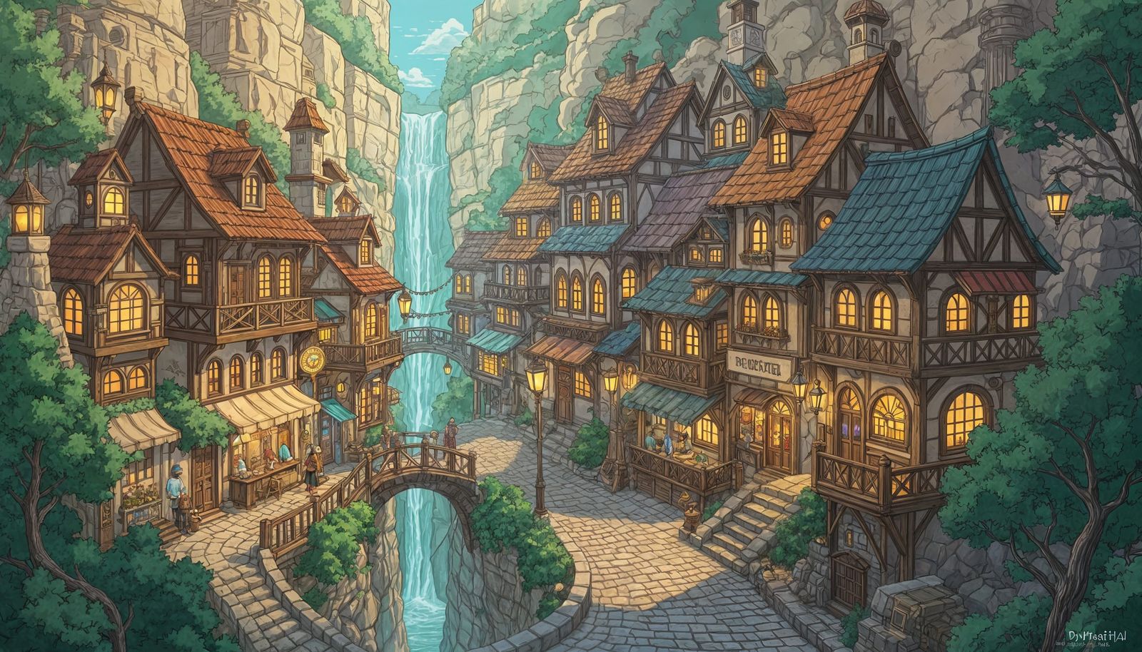 Vibrant Anime RPG Town in Narrow Canyon