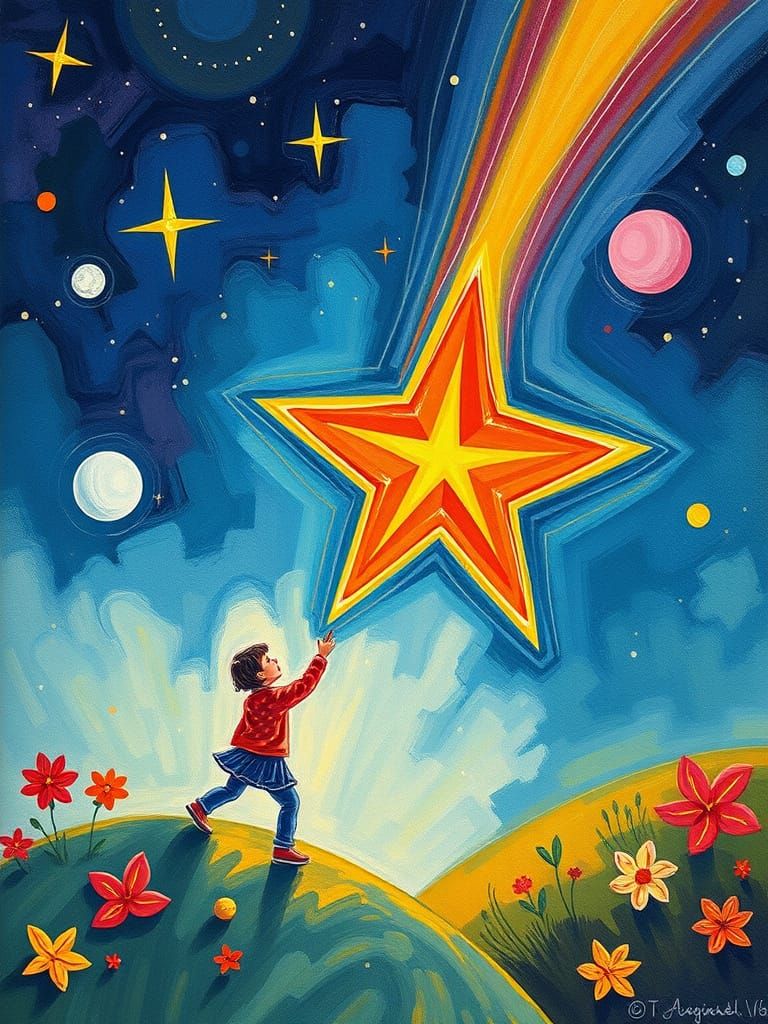 Wild Bold Fauvism fabulous shooting star, children book illustration, gouache