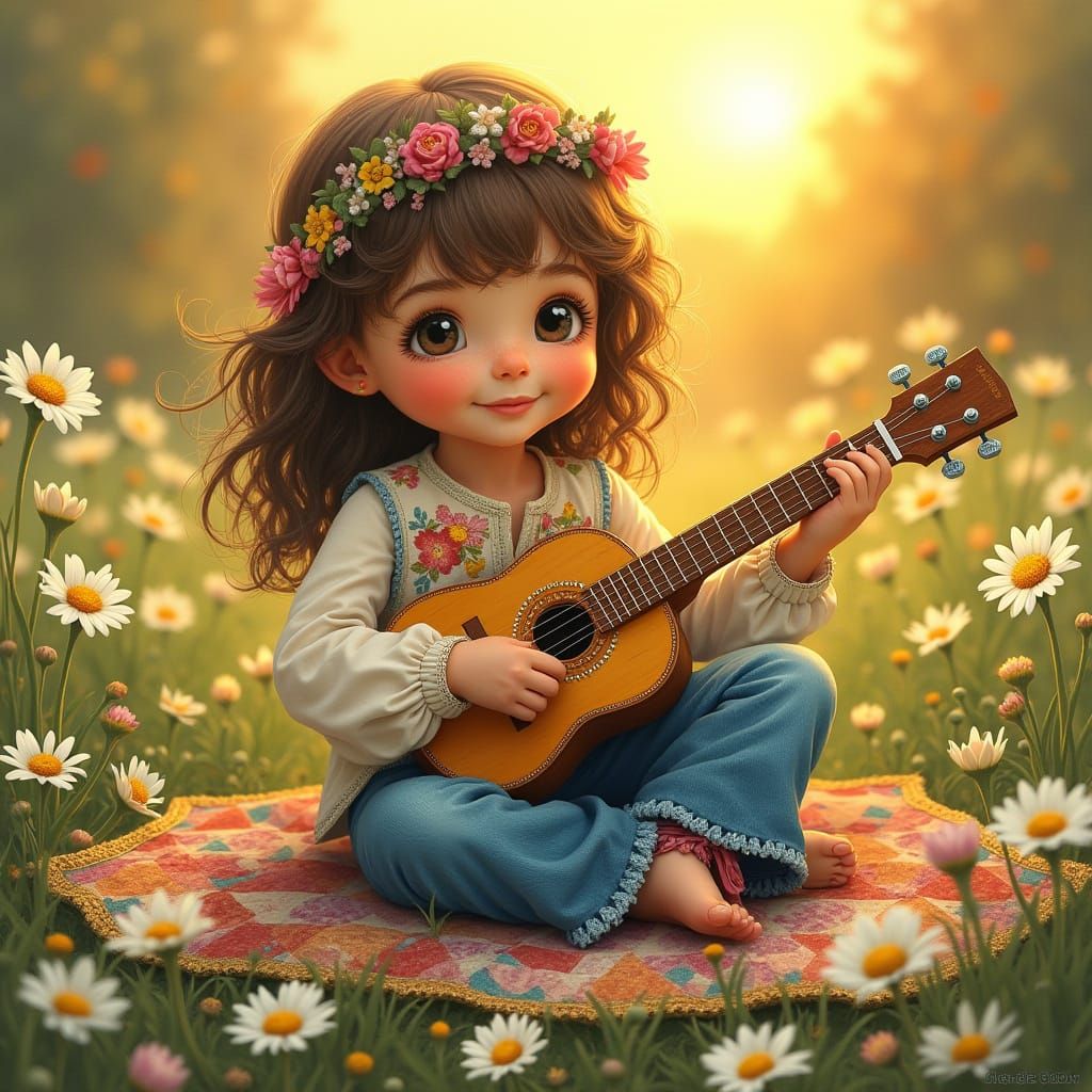 Boho Child Strums Guitar in Psychedelic Garden