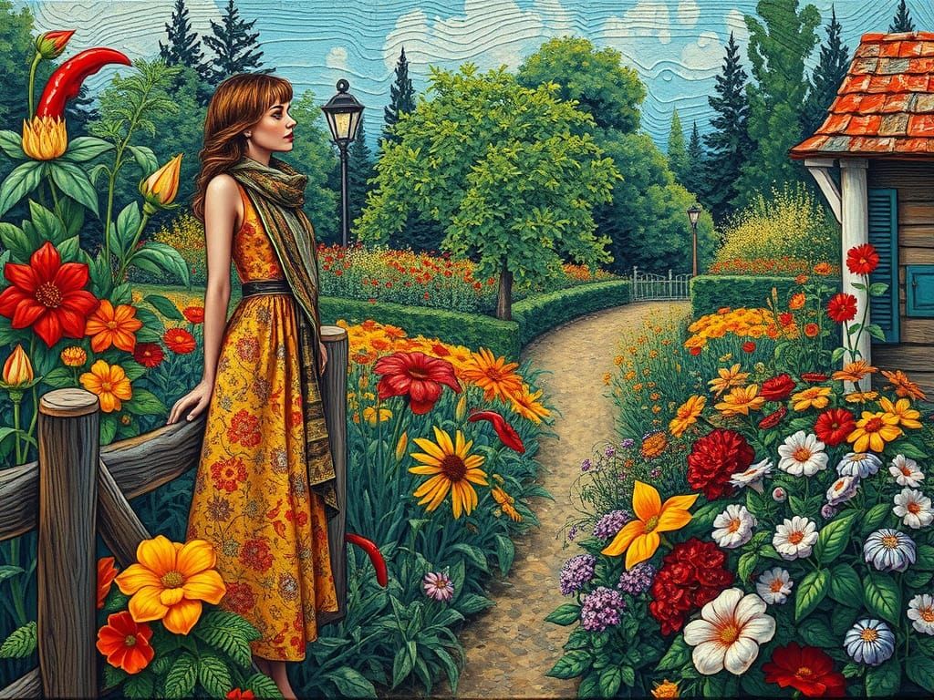 Woman in Vintage Scarf Stands in Whimsical Textured Garden