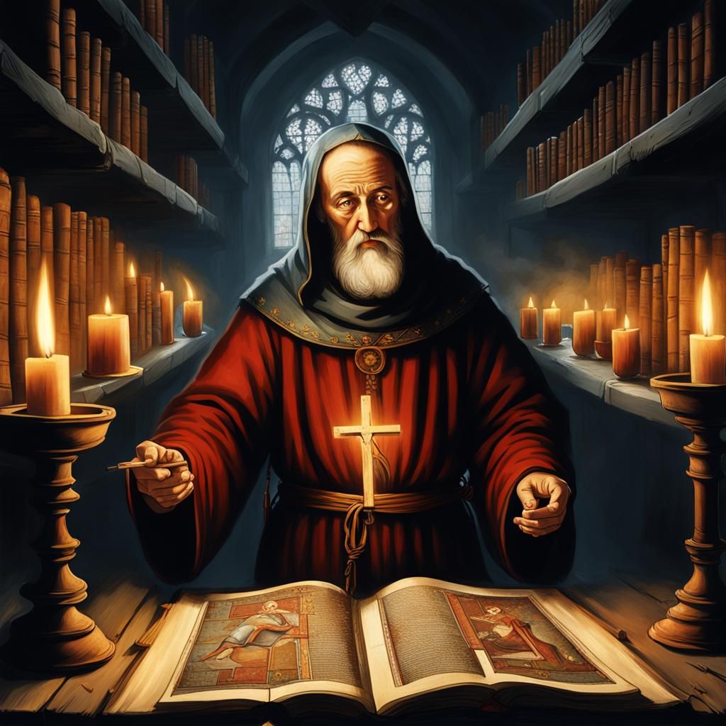 A European monk in the medieval times concentrating on creating an illuminated manuscript of Jesus on the Cross dark lig...