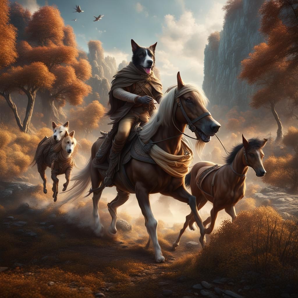 Dog Riding Horse: Detailed Fantasy Concept Art