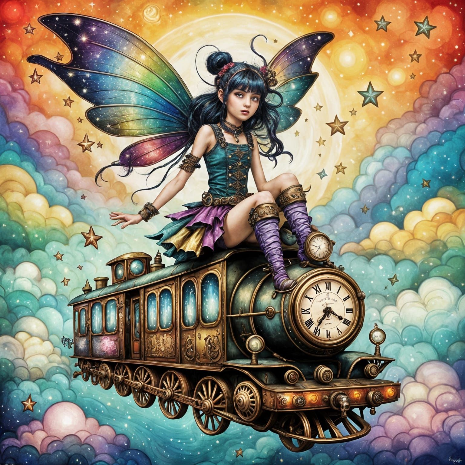 Steampunk Fairy Time Traveler on Prismatic Train