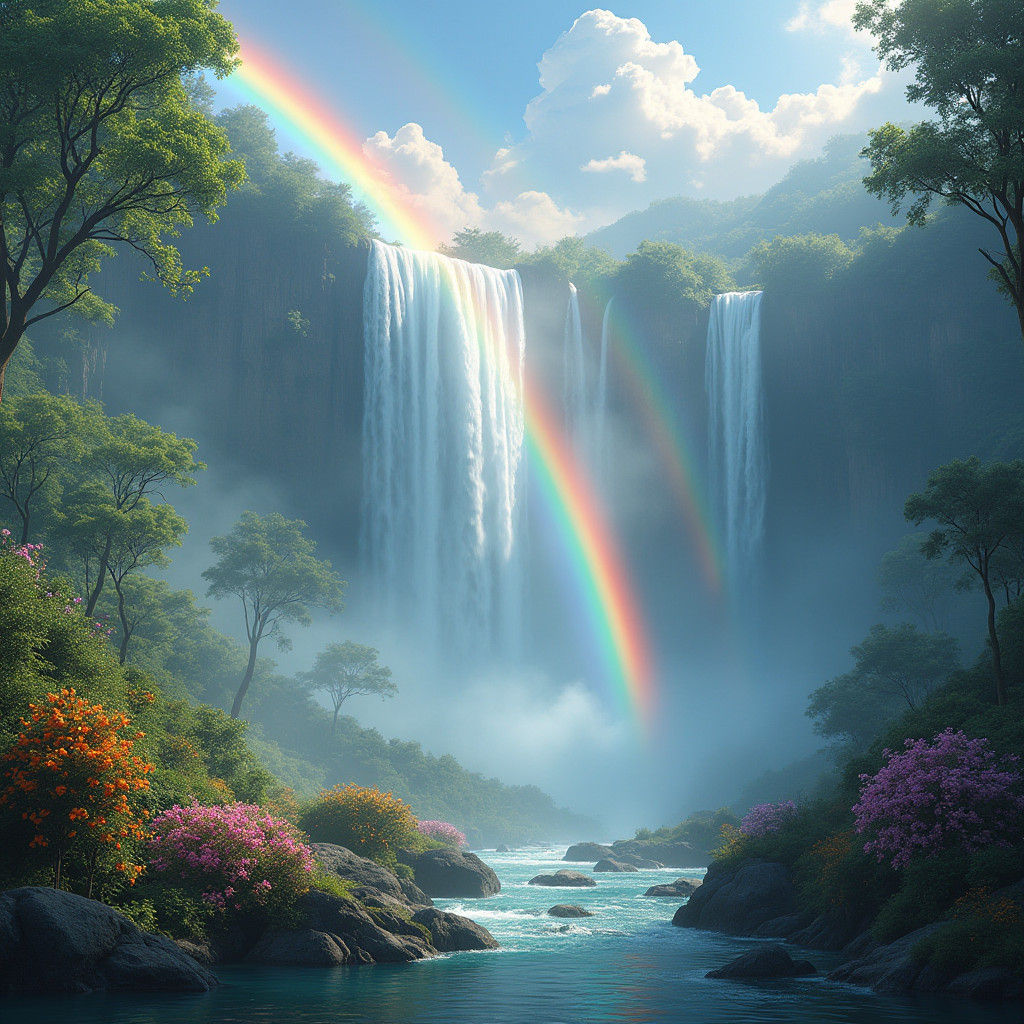 Rainbow Waterfall in Fantasy Landscape