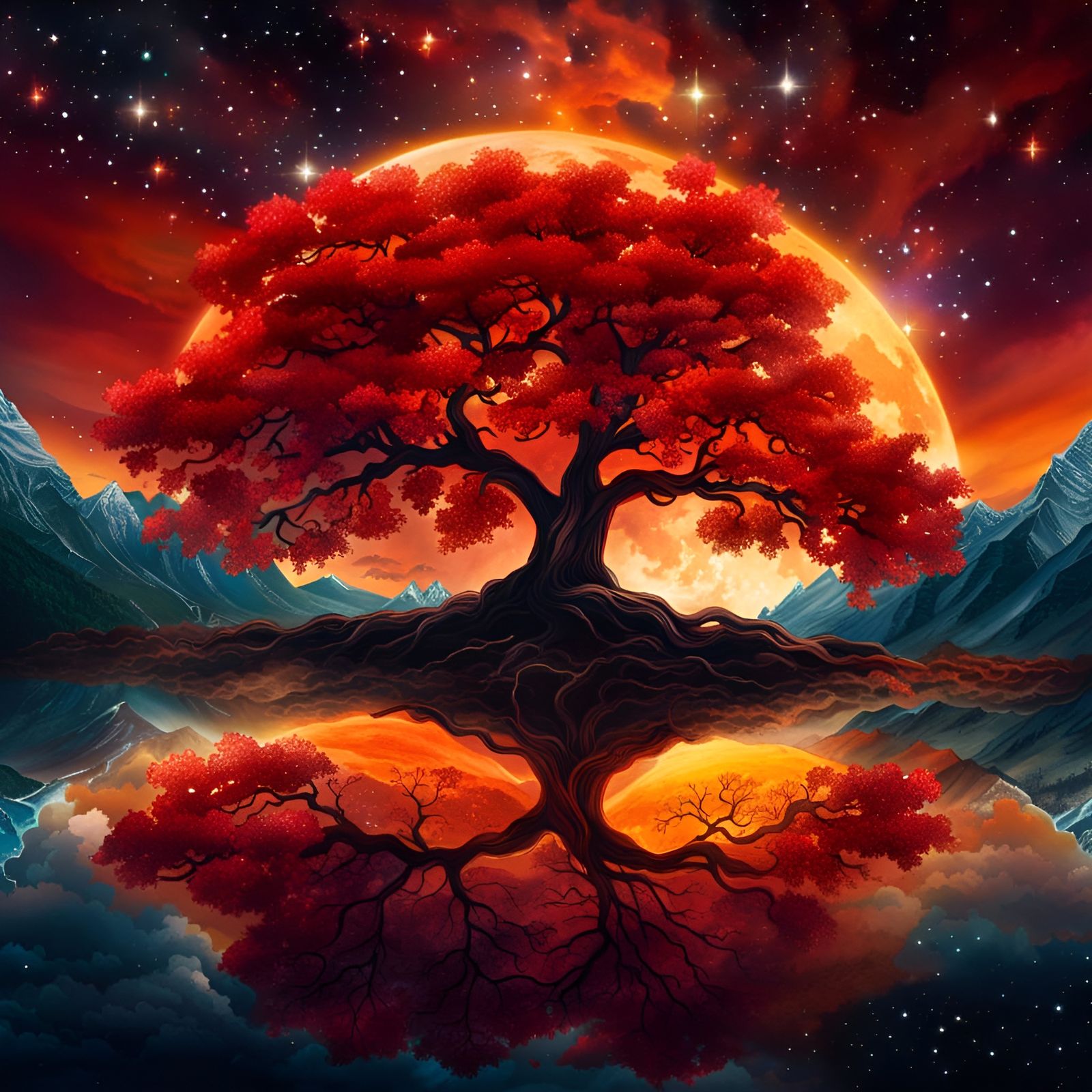 Magical Red Maple on Star Nebula, Cosmic Illustration