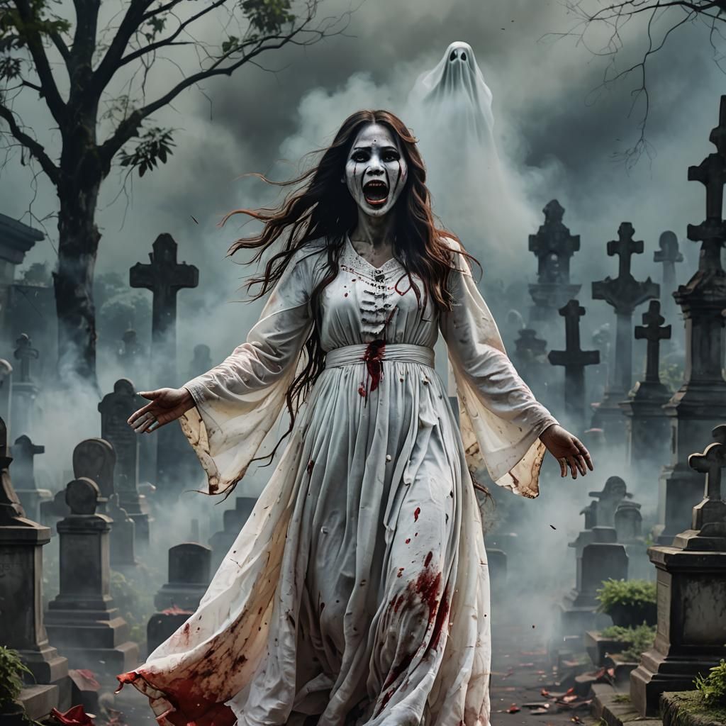 Indonesian Kuntilanak Ghost in Cemetery, Realistic Ultra HD