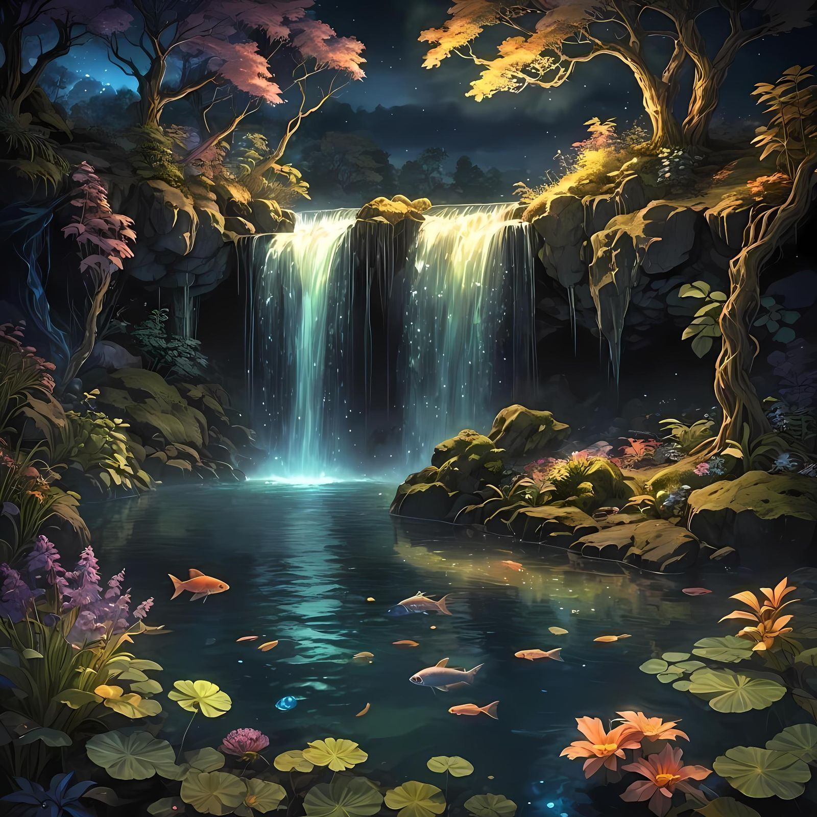 Mystical Fish in Underwater Waterfall, Anime Style