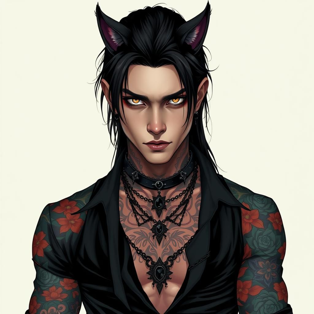 extremely handsome man with cat eyes , long straight black hair, coloured tattoos, black clothing , black peircings, bla...