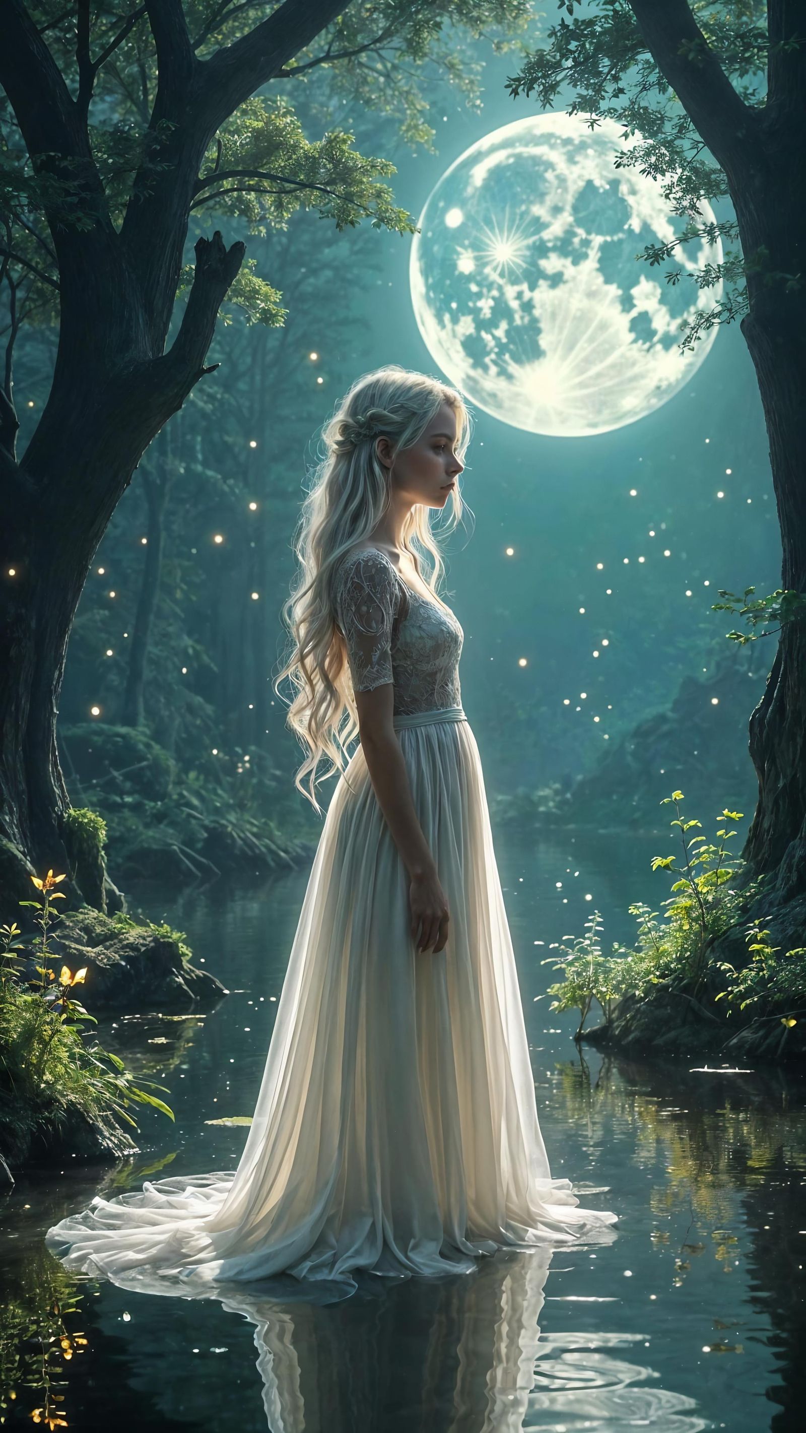 Moonlit Forest Scene with Woman in Fantasy Style