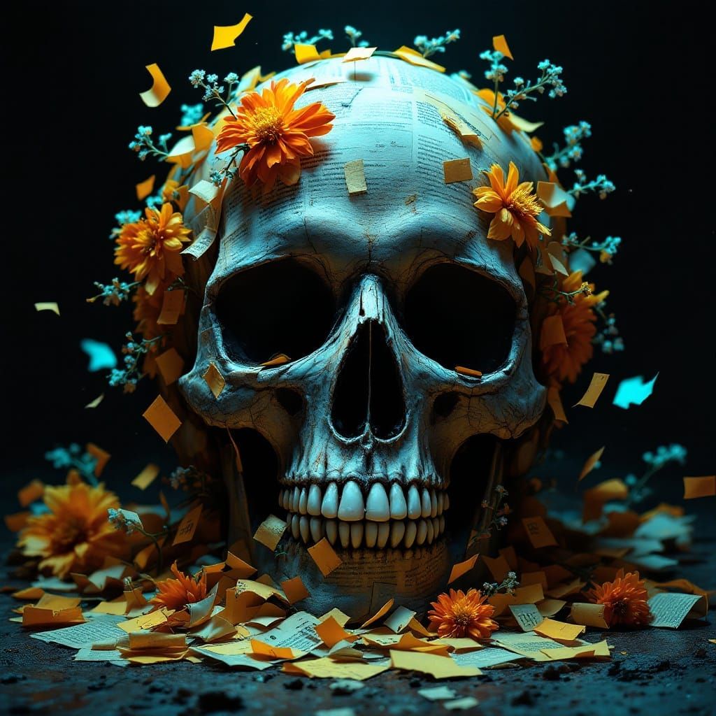 Skull Overflowing with Newspaper Clippings in Comic Style