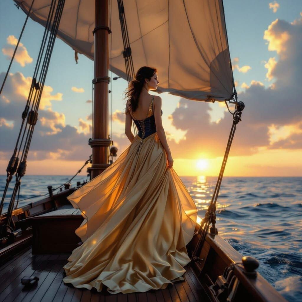 Woman in Golden Gown on Ship at Sunset