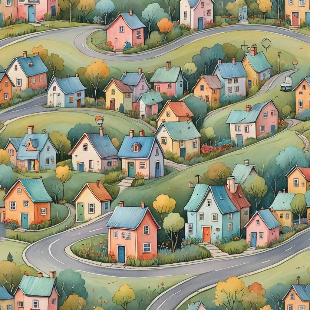 Whimsical Houses with Faces Illustration in Pastel Colors