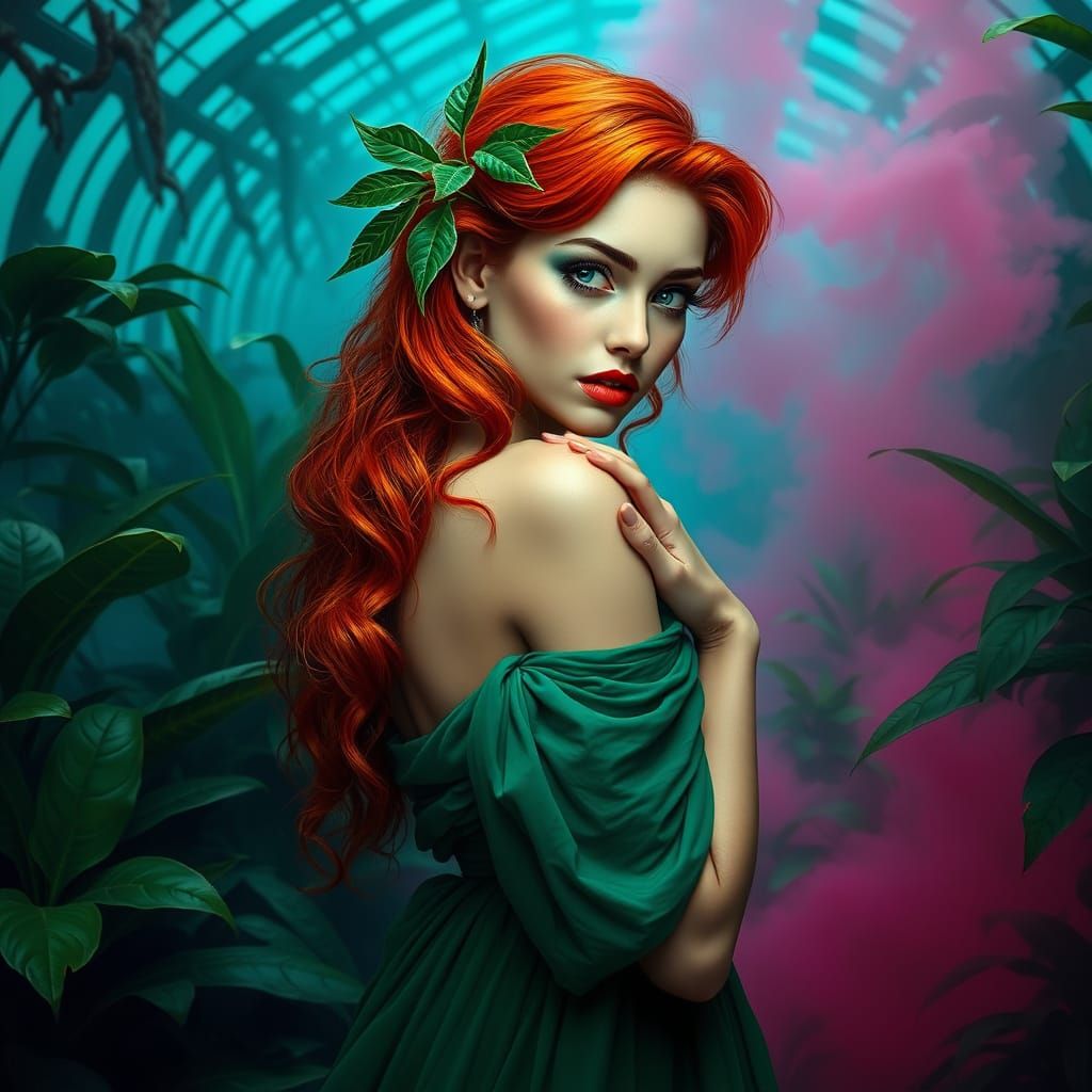 Enchanting Green Goddess in Dark, Mystical Greenhouse