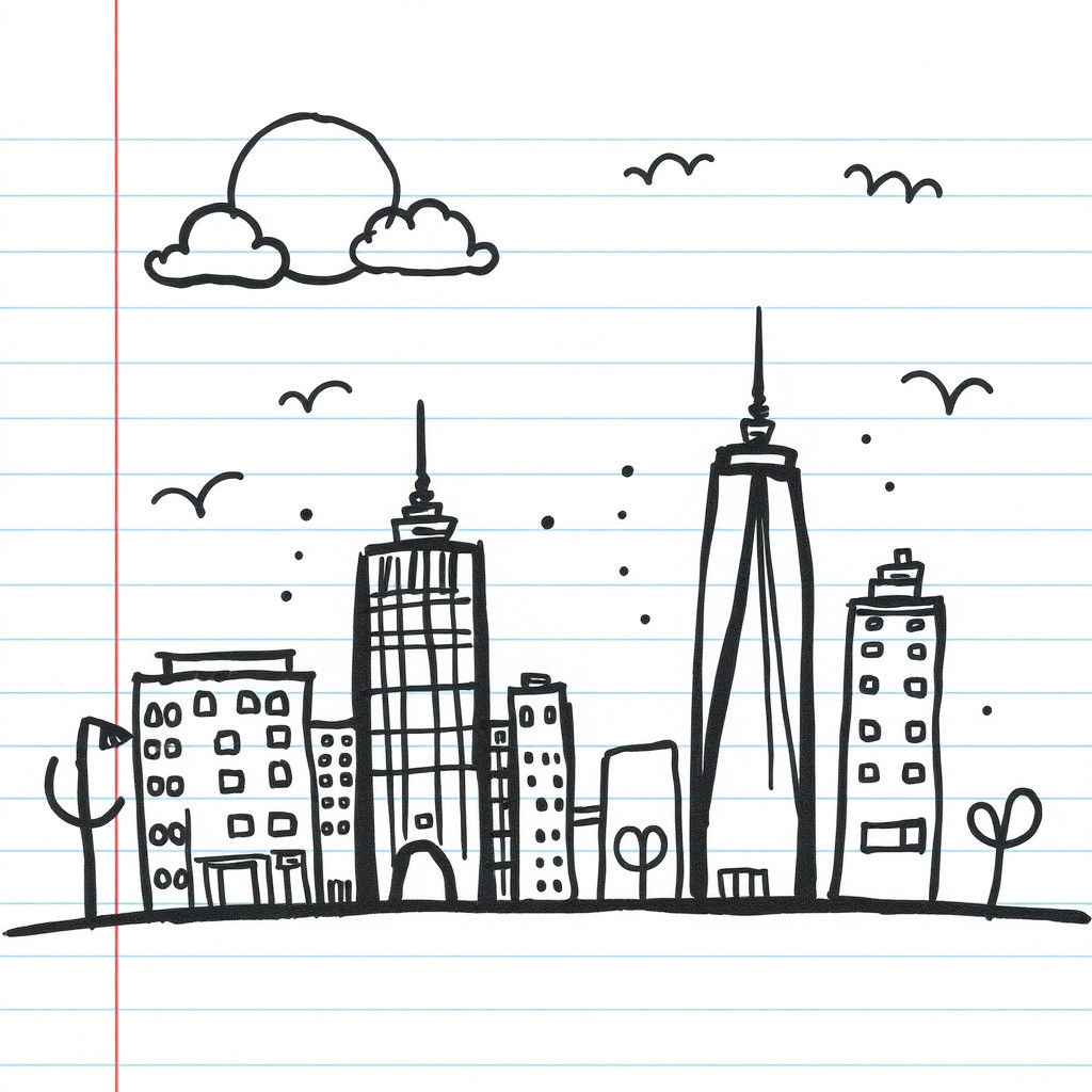 Cute Doodle City Scene on Notebook Paper
