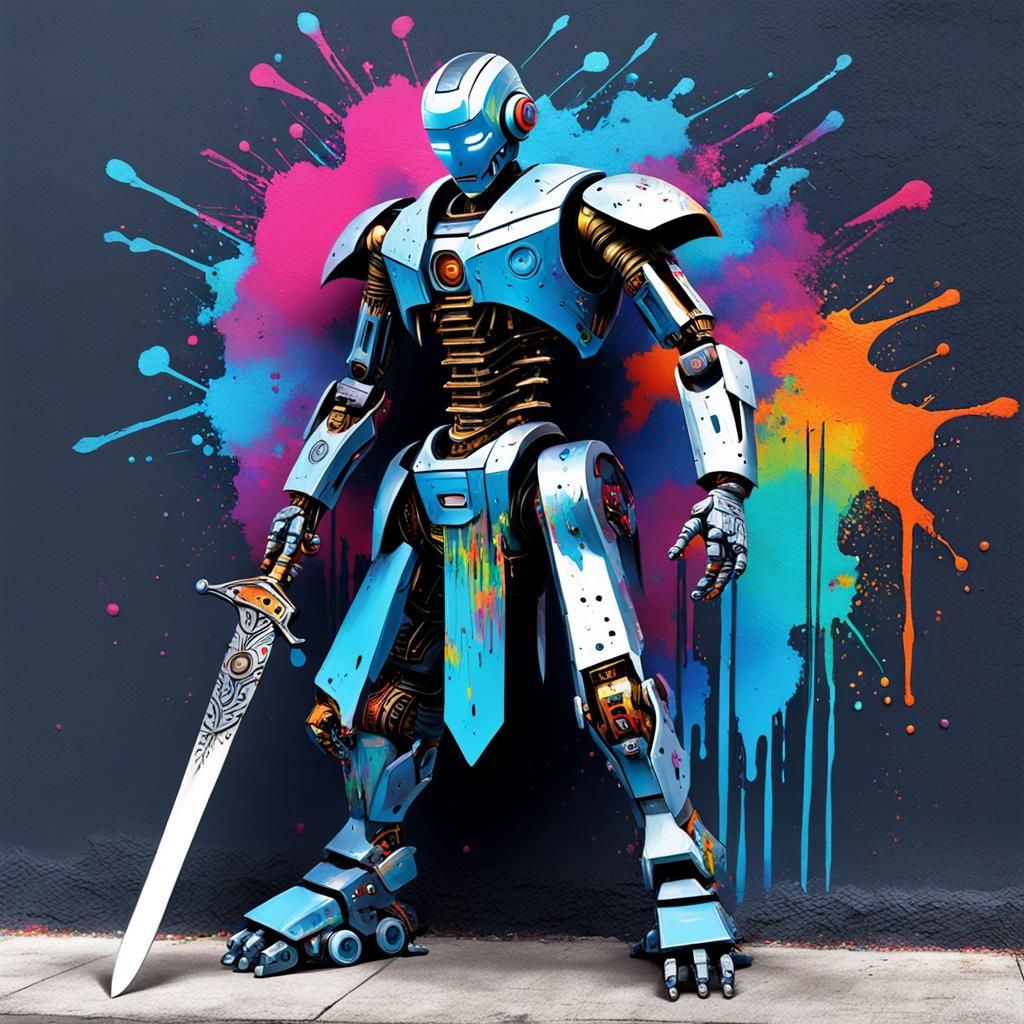 Humanoid Robot Warrior in Graffiti Art Style