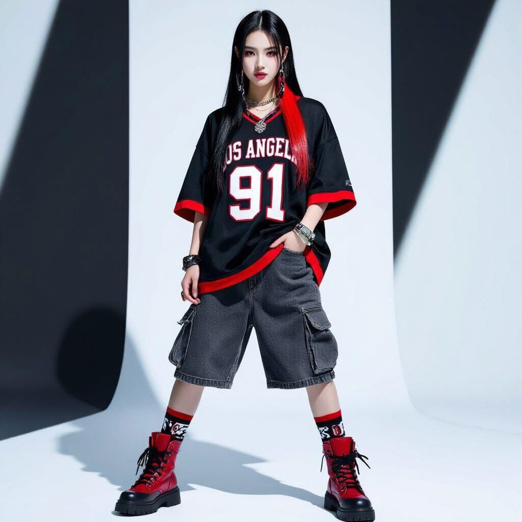 Korean Idol's Bold Hip-Hop Look with Red Streak