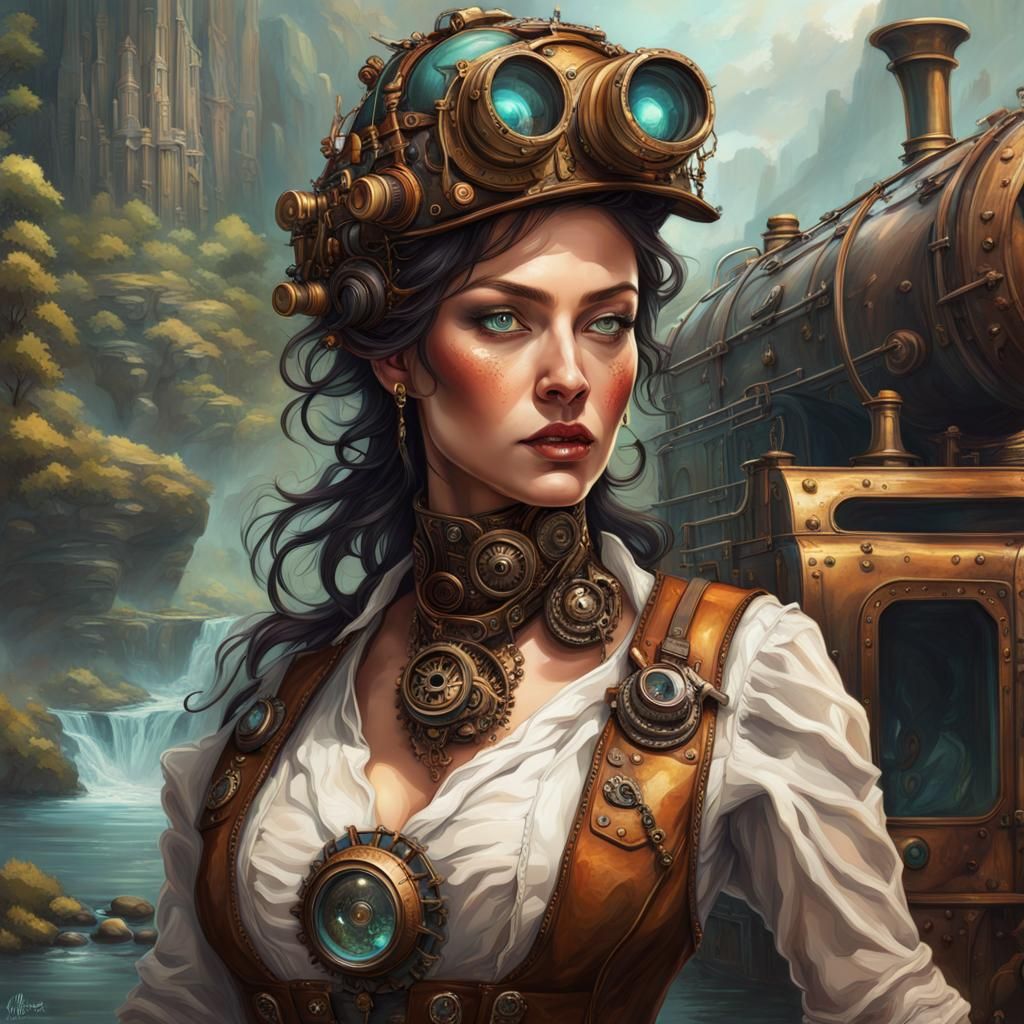Steampunk Adventurer in Lush Landscape: Hyperrealistic Portr...