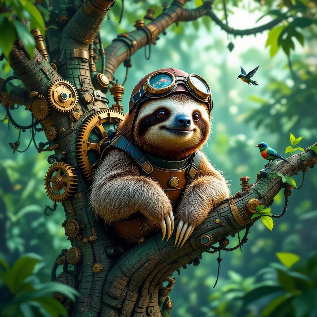 Steampunk Sloth on Clockwork Tree in Futuristic Jungle