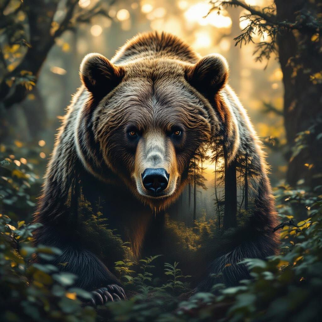 Majestic Bear Merged with Ancient Forest