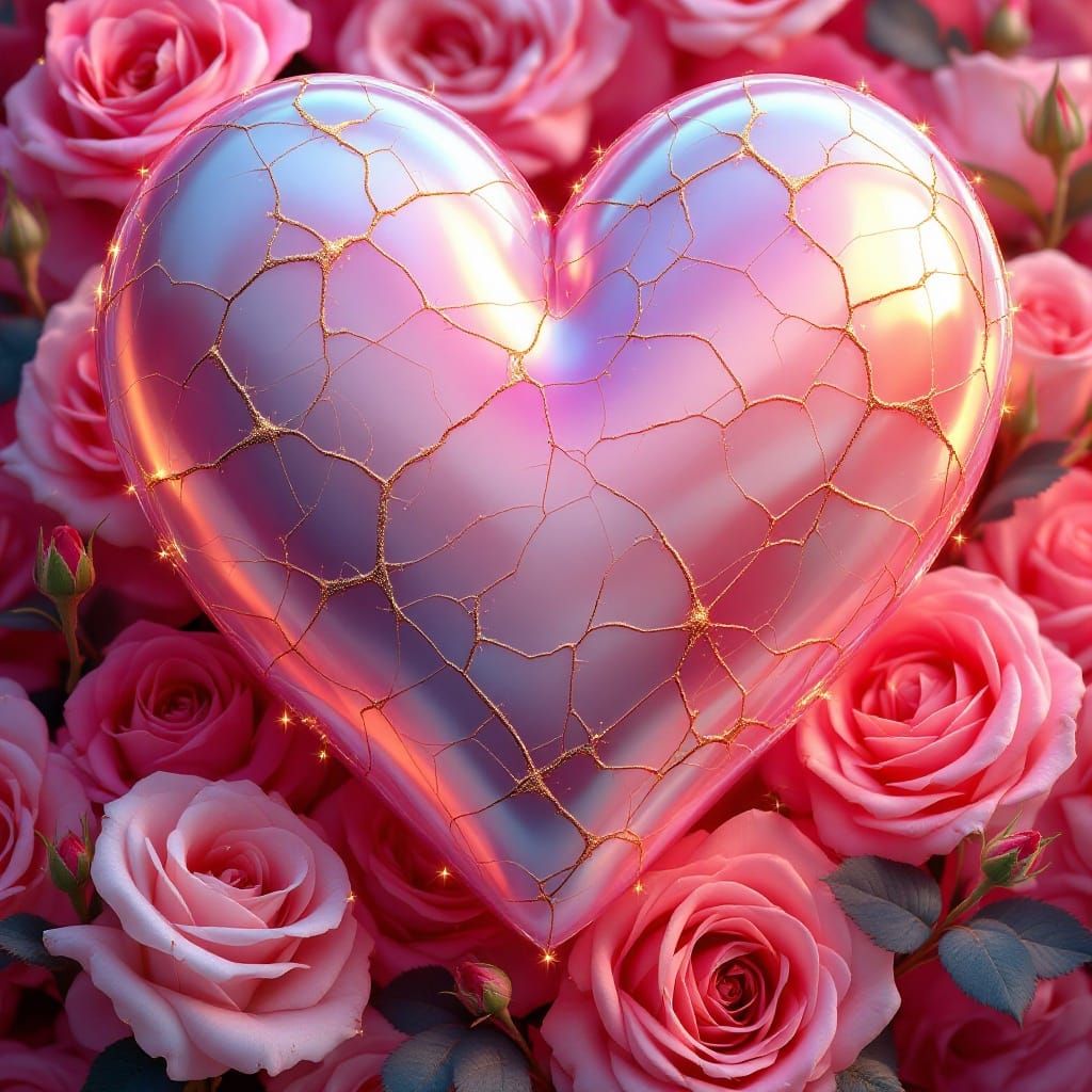 Surreal, Hyper-Realistic Line Art of Iridescent Heart in Gol...