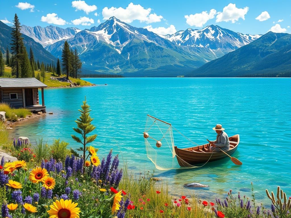 Alpine Lake Fisherman in Impressionist Style