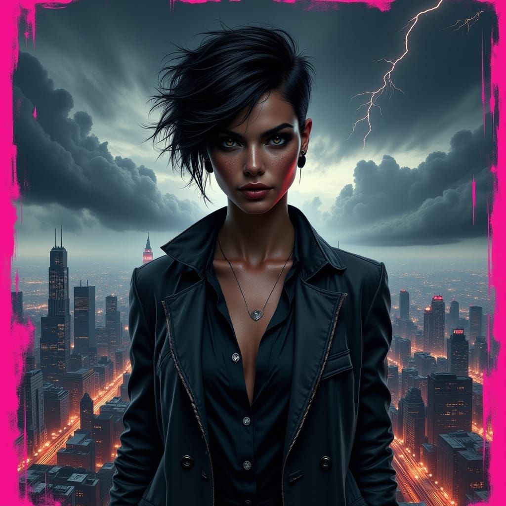 Butch Detective Woman Against Moody Urban Skyline