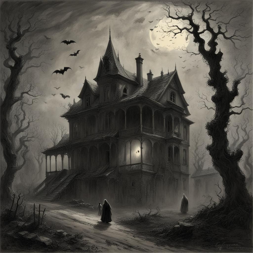 Creepy Villa with Ghosts in Dark Horror Style