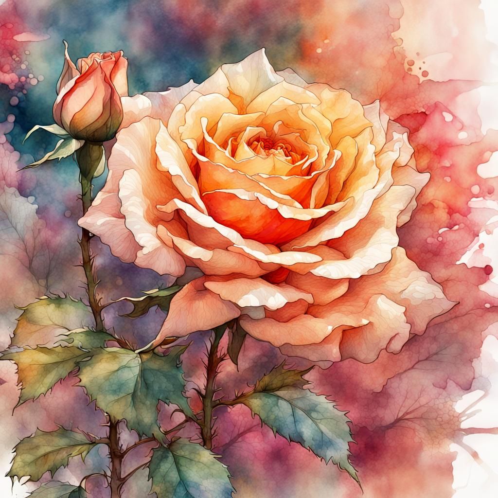 Brilliant Rose in Sunset Garden: Digital Watercolor Art