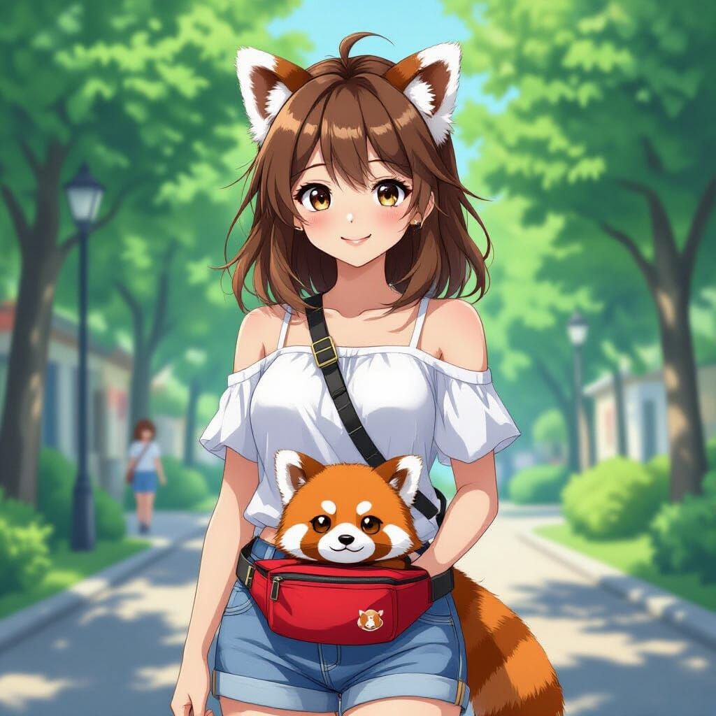 Anime Girl with Red Panda Fanny Pack