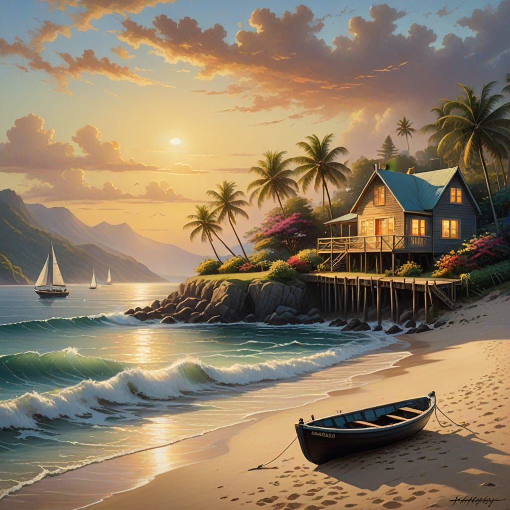 Dreamy Hawaiian Seaside Oasis in Warm Golden Light