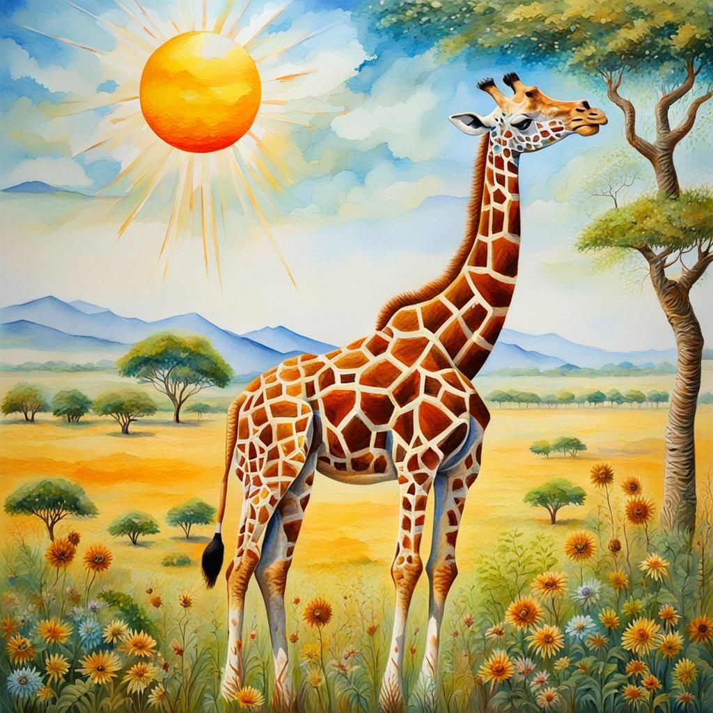 Majestic Giraffe in Naive Art Style