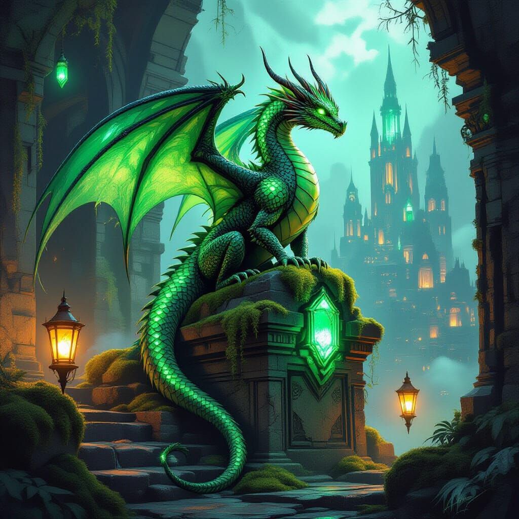 Majestic Emerald Dragon on Ancient Ruin in Futuristic City