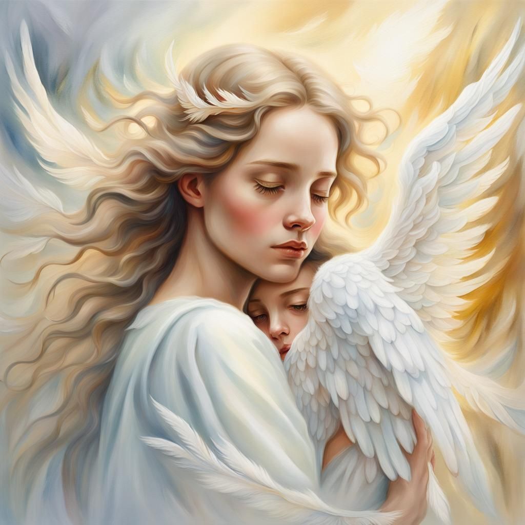 Ethereal Angel Embraces Person: A Surrealist Oil Painting